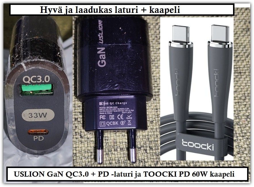 Uslion USB A ja USB C 33W GaN-pikalaturi + kaapeli