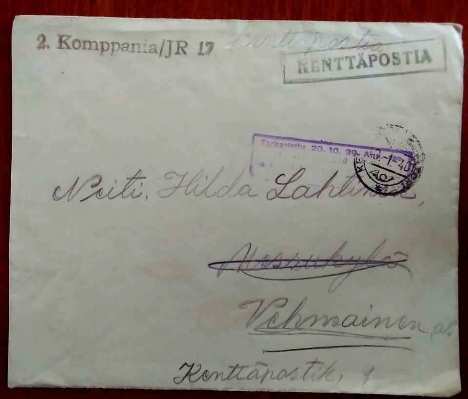 Vanha kirjekuori vuodelta 1940