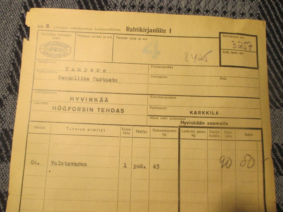HYVINKÄÄ - TAMPERE, VR-rahtikirja 1949