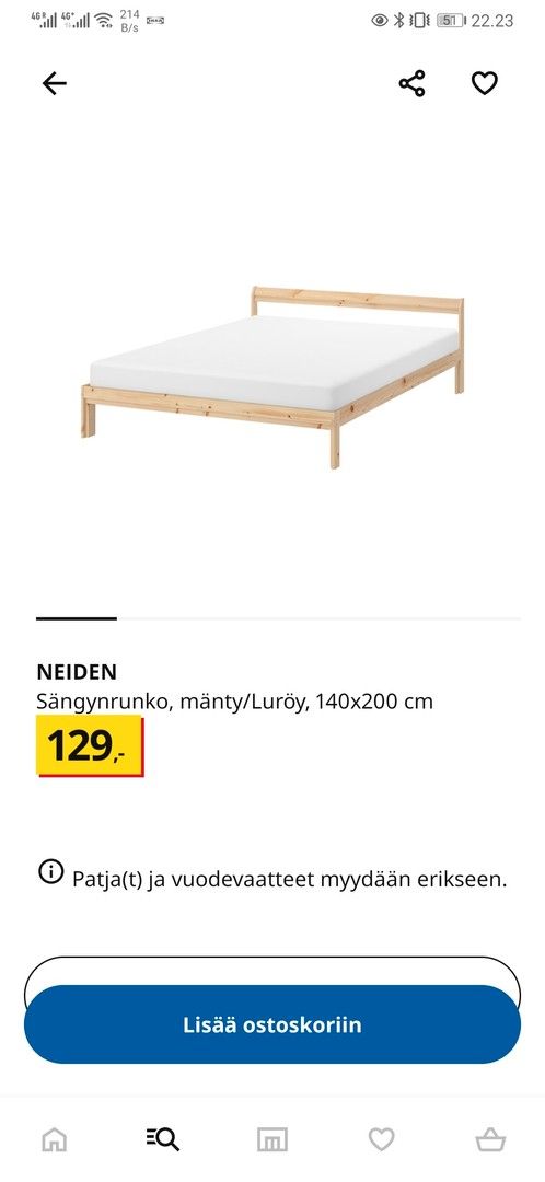 Ikean 140x200 cm sänky ja patja (alkuhinta 308 e)