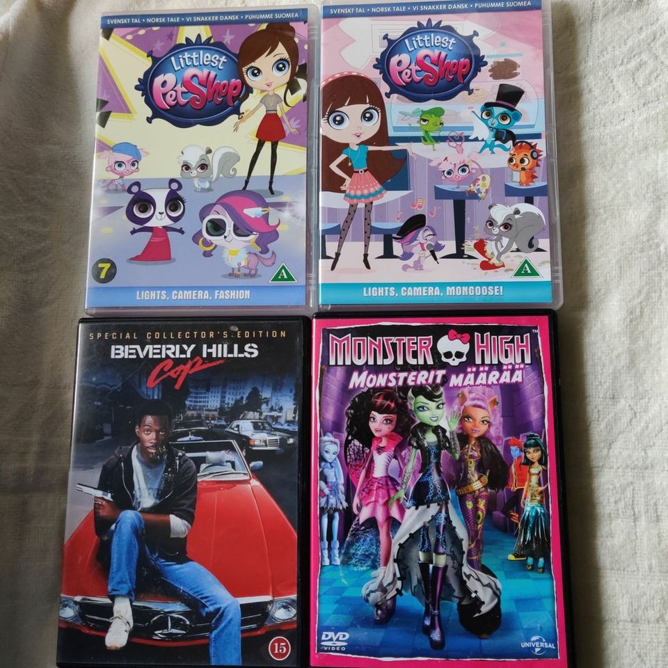 4 kpl DVD Littlest Pet Shop, Monster High etc
