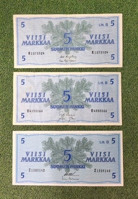 5 markan seteli K,Q,Z 3 kpl vuodelta 1963