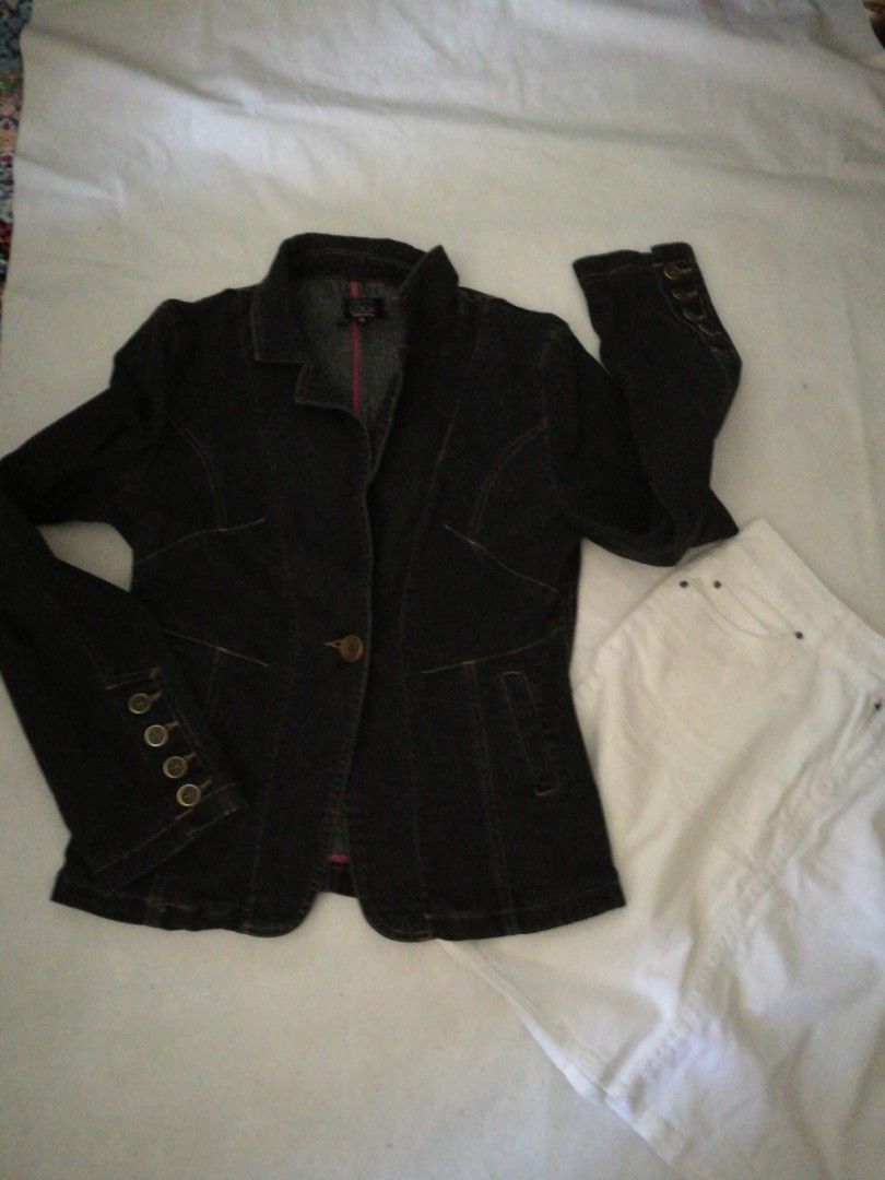Farkku takki ja -hame,musta&valkoinen&pinkki&ruutu