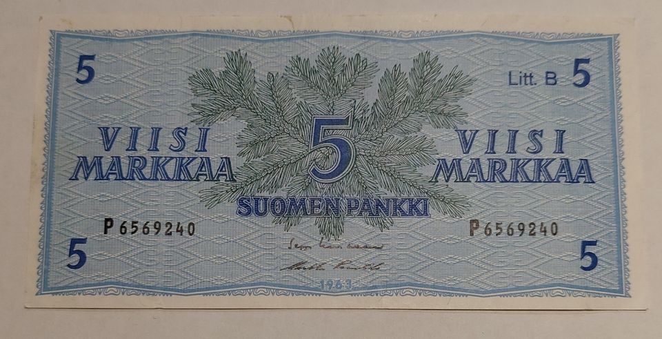 5 markkaa 1963 seteli Litt. B kuntoluokitus 6