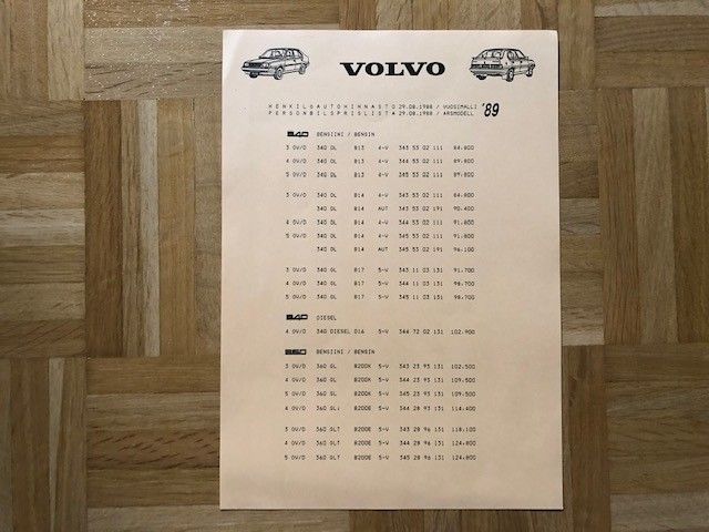 Hinnasto Volvo 340 360 1988/1989. Esite