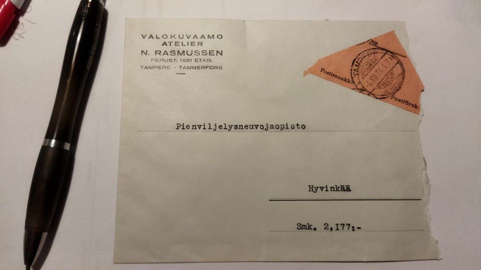 Firmakuori / postiennakko 1934 valokuvaamo Rasmuss