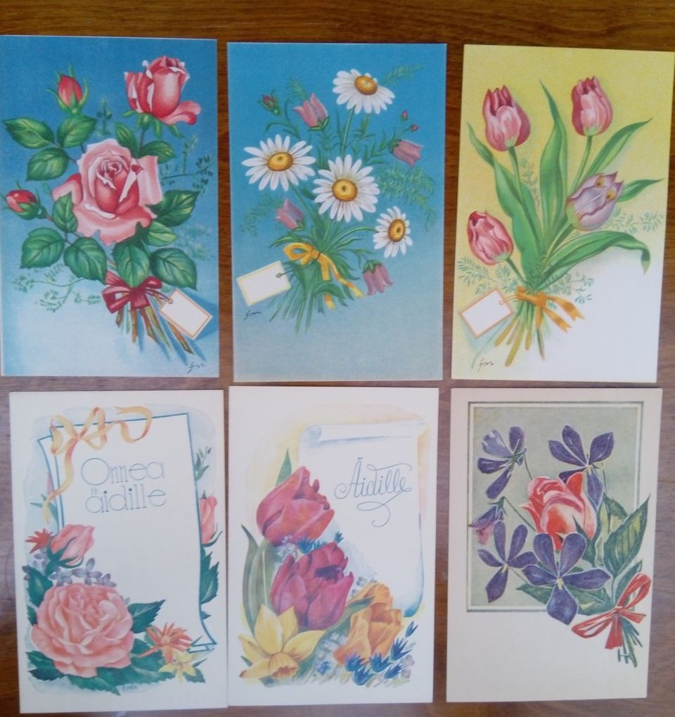 Tyhjät kukkakortit  Äidille 30-70-luvuilta, viirit ja hihamerkit alkaen 70-luku