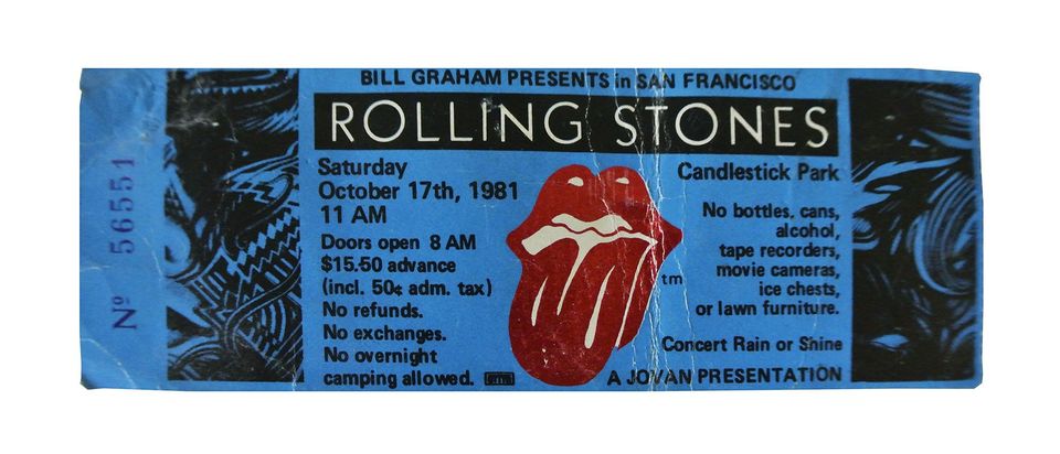 Rolling Stones Konserttilippu (Bill Graham 1981) - Ilmainen Toimitus