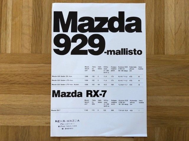 Esite Mazda 929 ja RX-7 noin vuodelta 1985