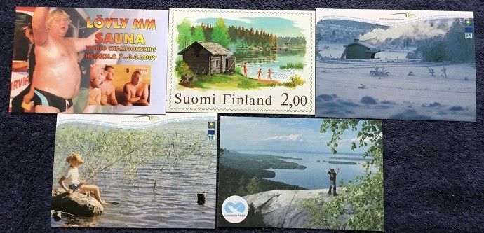 Suomalainen sauna järvi ruoka metsä Postikortti
