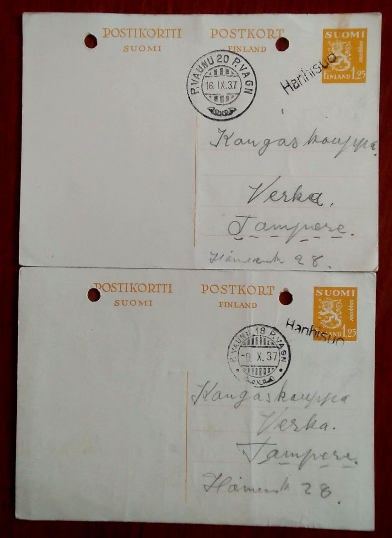 2 kpl ehiökortteja vuodelta 1937
