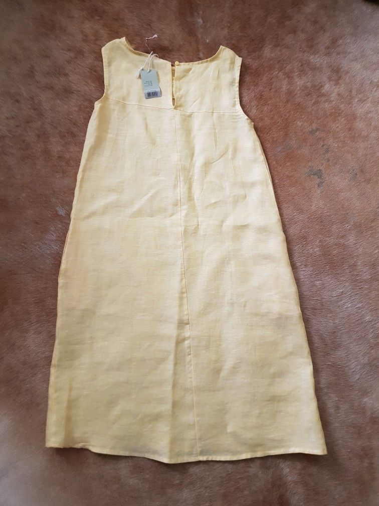 100% Pellava mekko v.keltainen taskut 40/M (uusi)