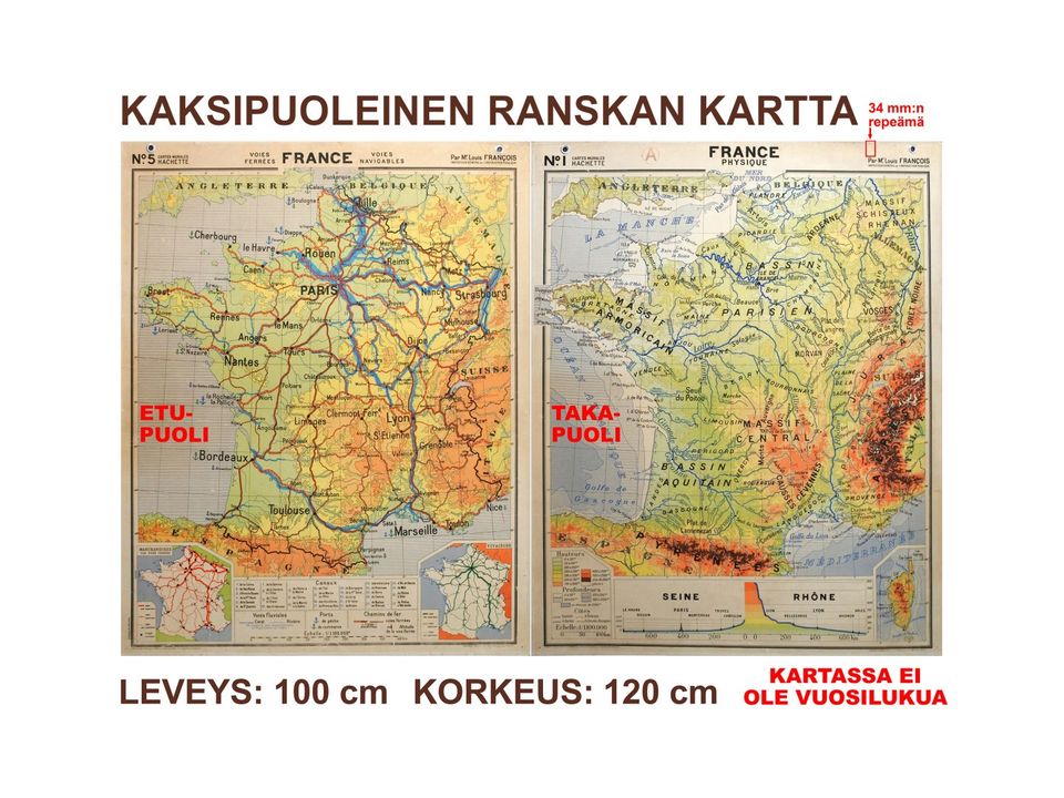 Kaksipuoleinen Ranskan Kartta 120 x 100 cm