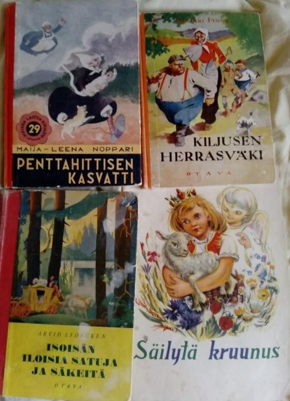 Satukirjat, kortit, naamiot, vanha paripulpetti 40-50-luvulta