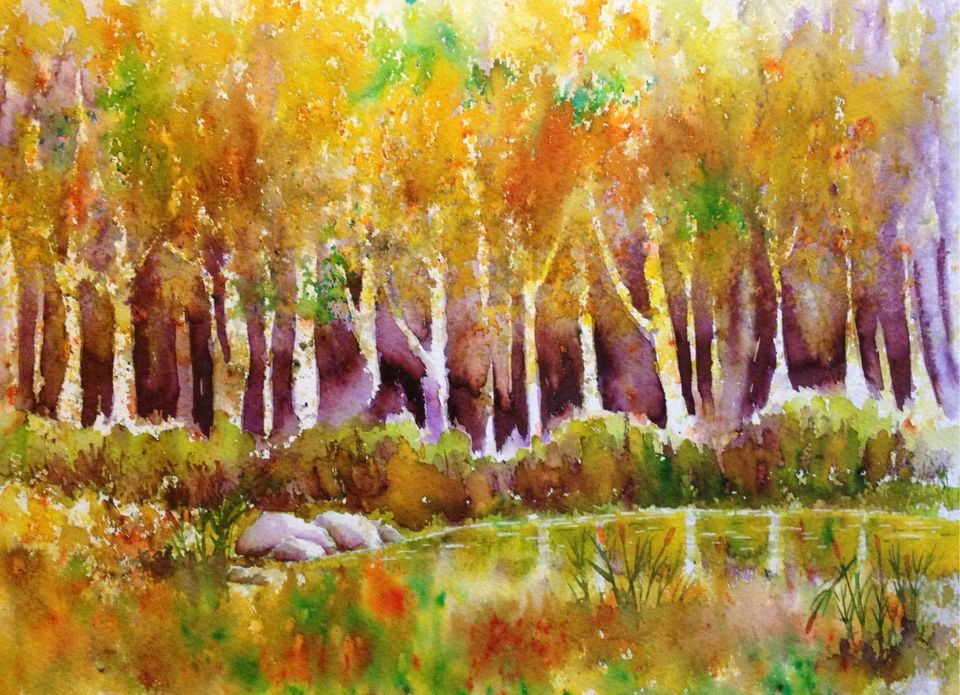 Akvarellimaalaus - Syksyinen metsä