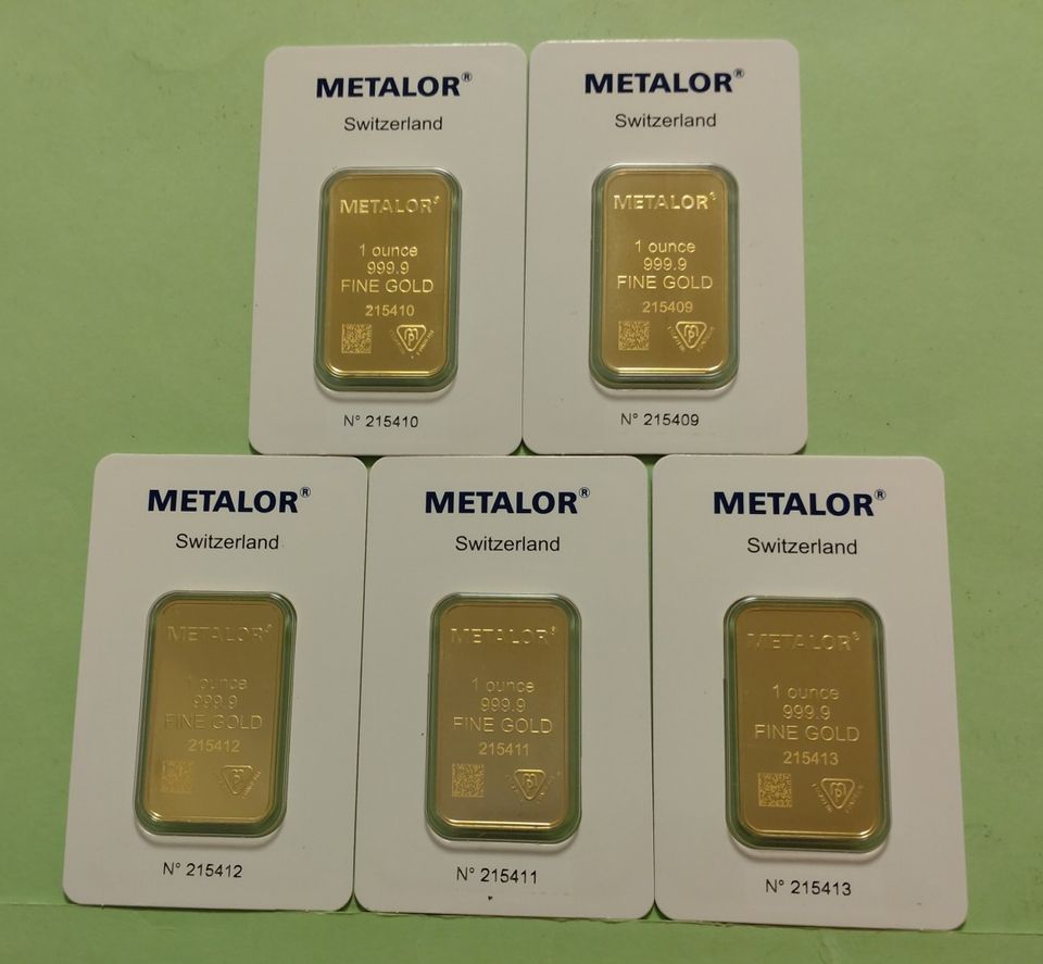 5 kpl Metalor 1 unssin 9999 kultalaatat heti varastosta