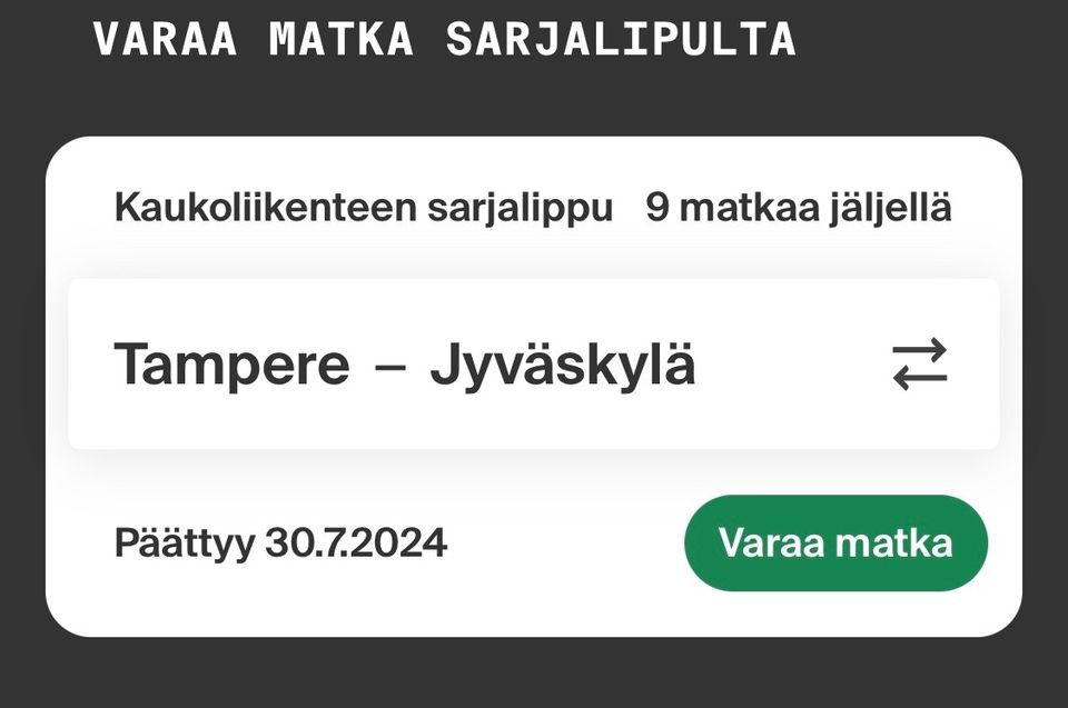 Tampere-Jyväskylä extra luokka sarjalippuja