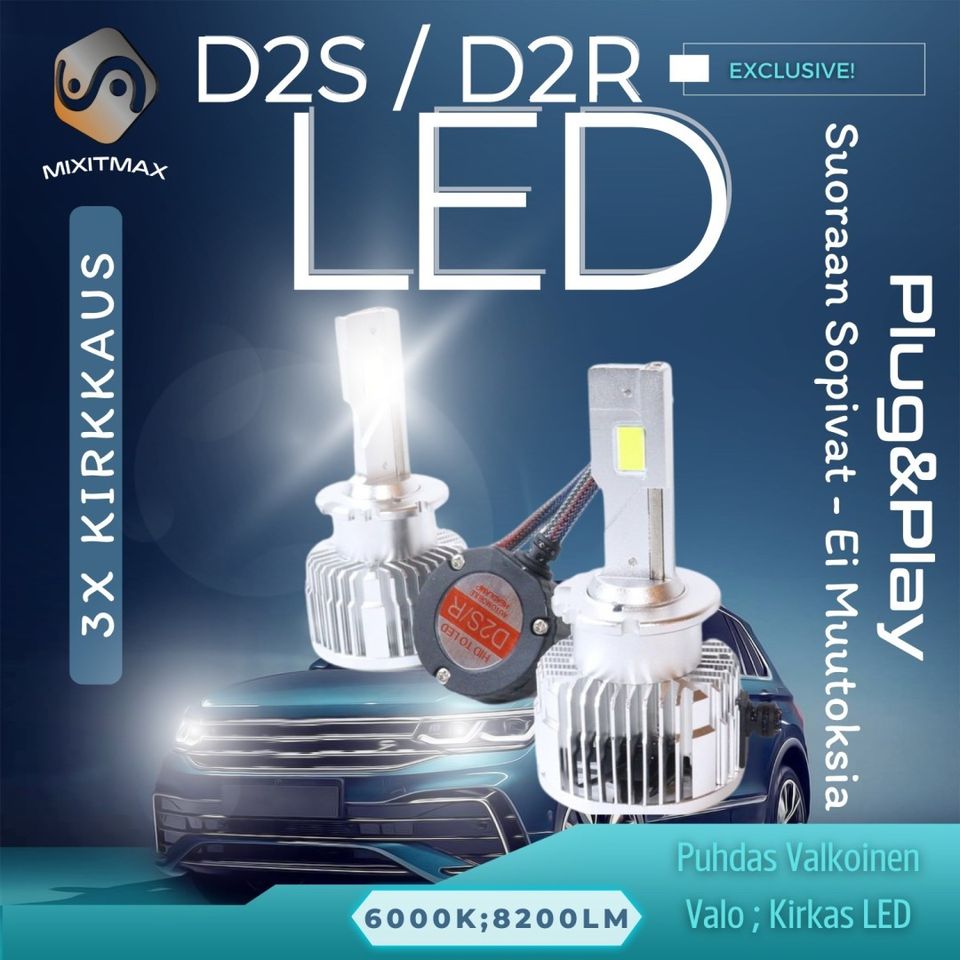 D2S/R LED Ajovalot 8200lm TEHOPOLTTIMOT 6000K 2kpl
