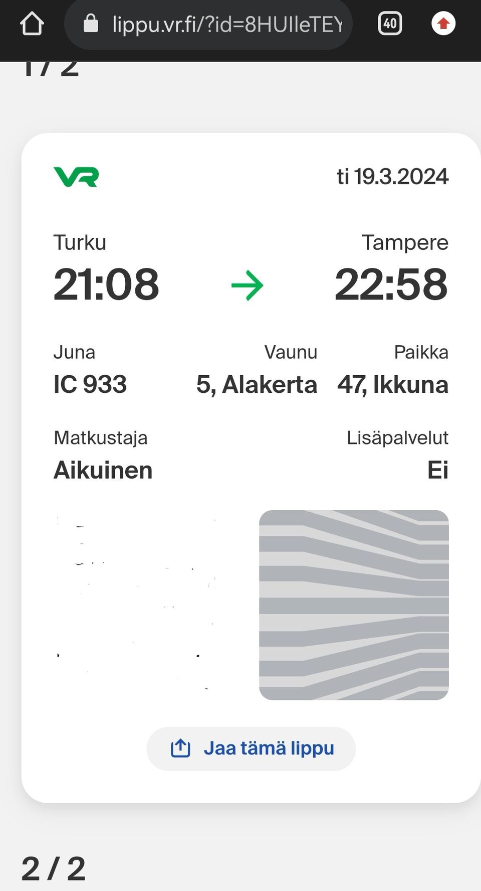 Junalippu  19.3 Turku - Kolari 55€ / Pvm muutos OK.