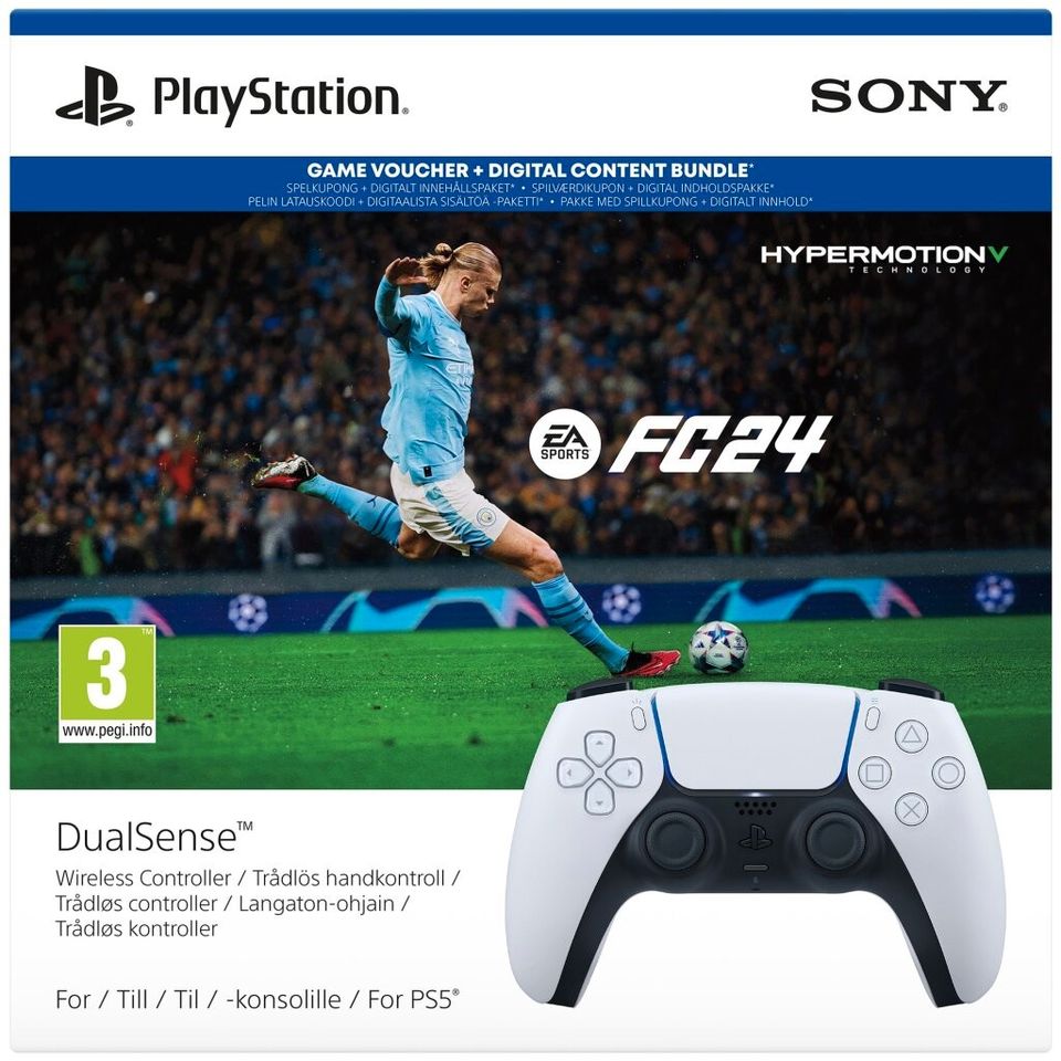 PS5 DualSense langaton ohjain (valkoinen) + EA SPORTS FC 24 pakkaus