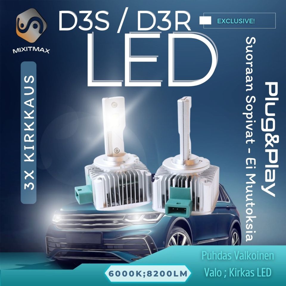 D3S LED Ajovalot 8200lm TEHOPOLTTIMOT 6000K (2kpl)