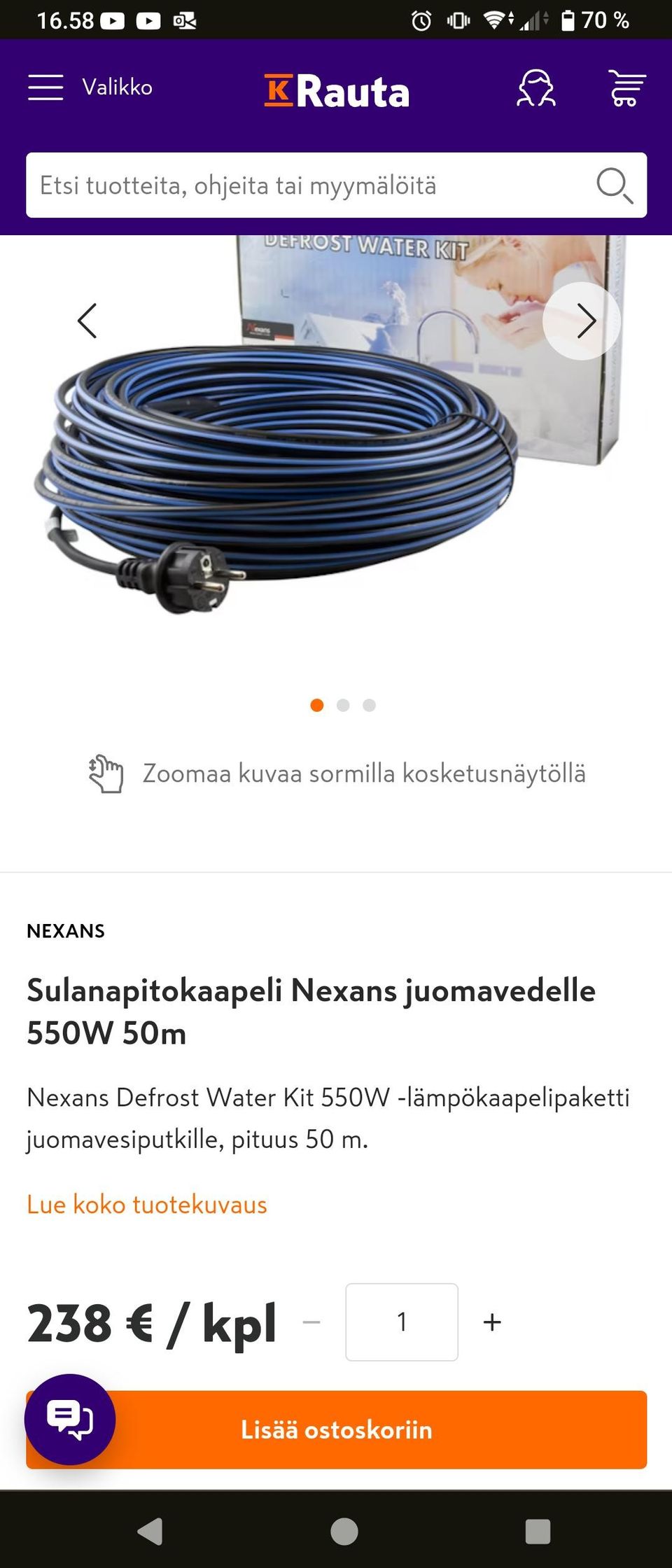 Nexans sulanapitokaapeli 50m juomavedelle ja Y-paineläpivienti 32mm putkelle