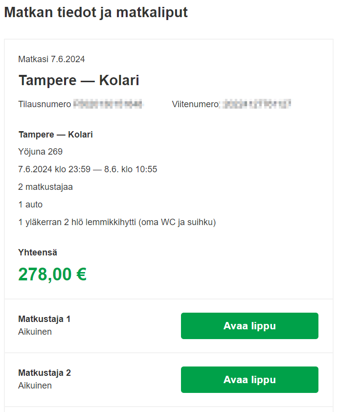 Autojunalippu, 2hlö hytti + auto, Tampere - Kolari 7.6.2024