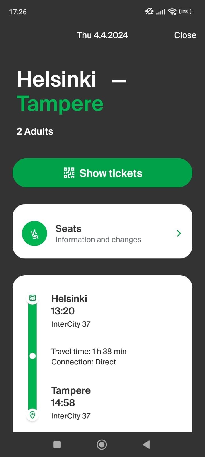 04.4.2024 Junalippu Helsinki-Tampere