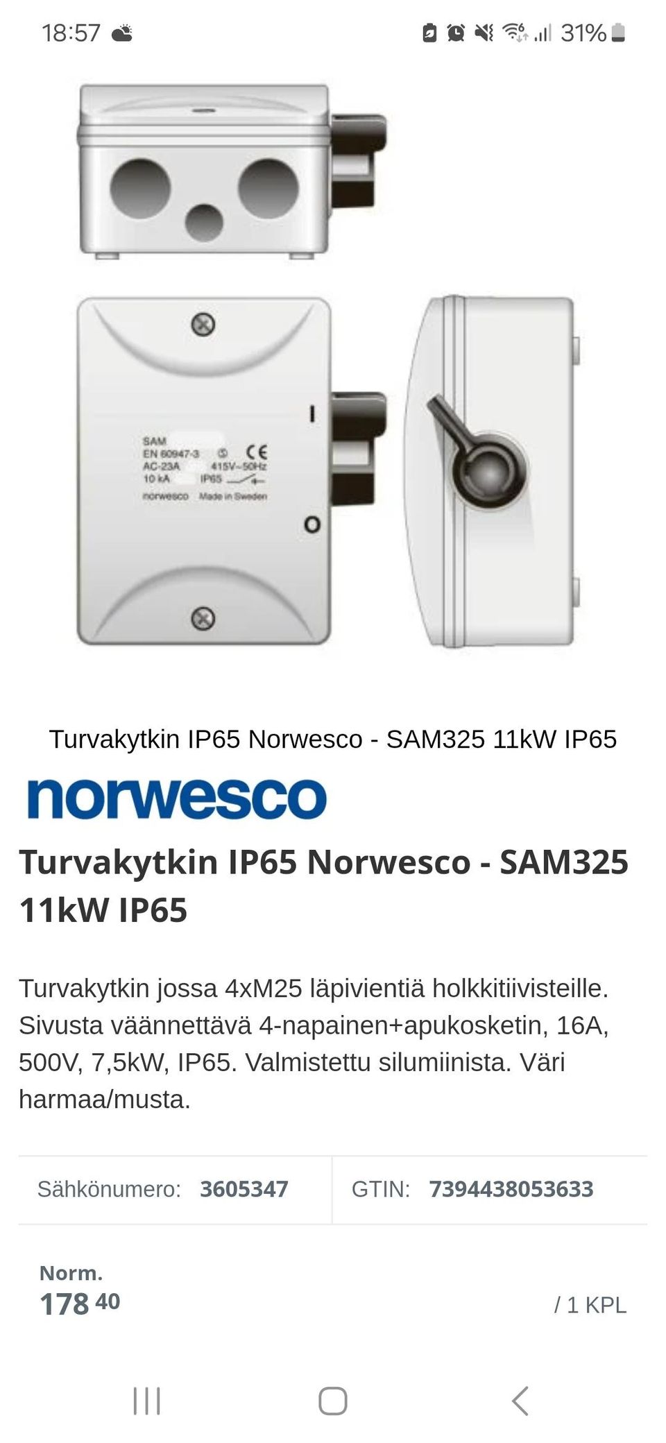 Turvakytkin IP65 Norwesco - SAM325 11kW IP65
