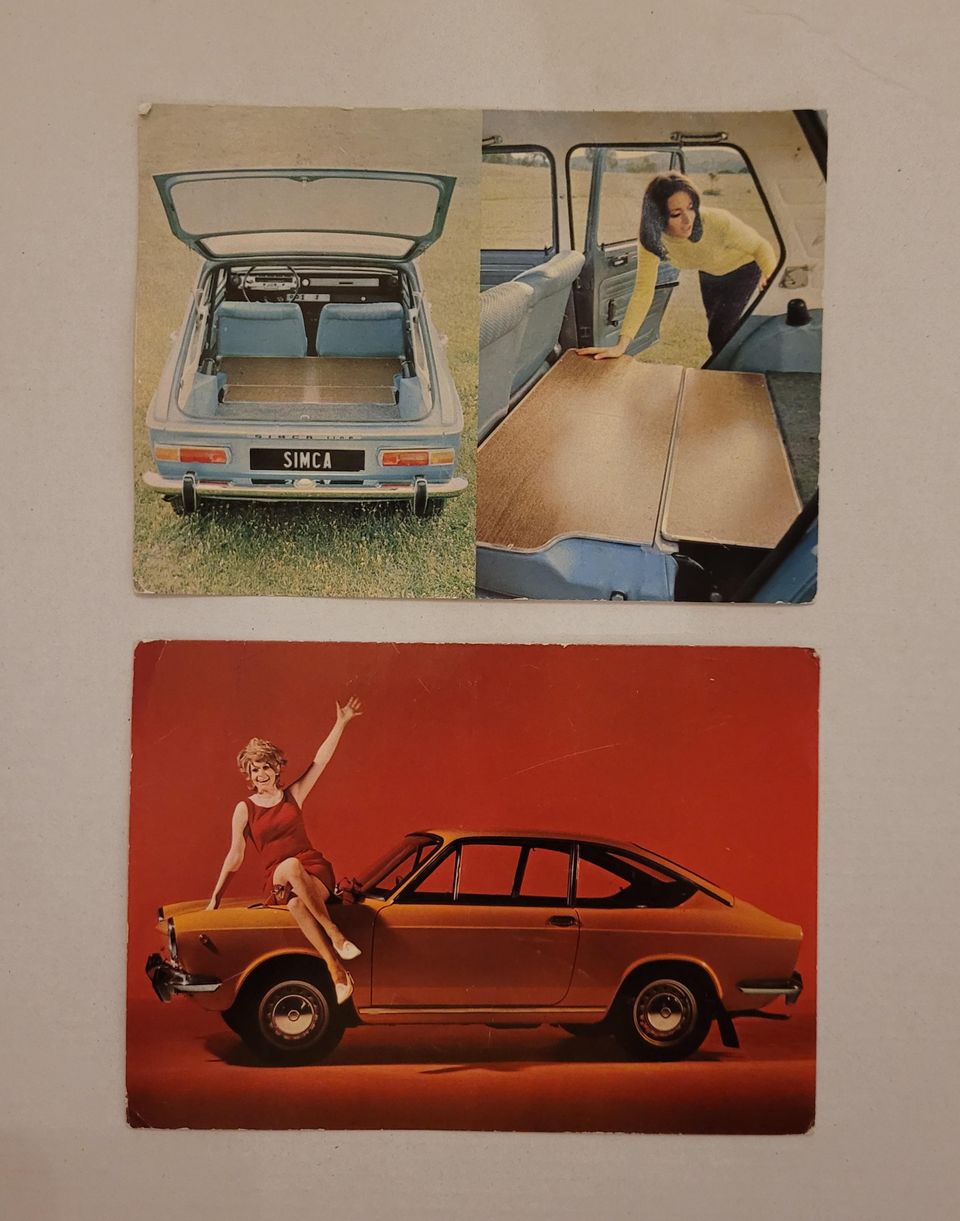 1960-luvun mainospostikortteja Fiat 850 Sport Coupé ja Simca 1100