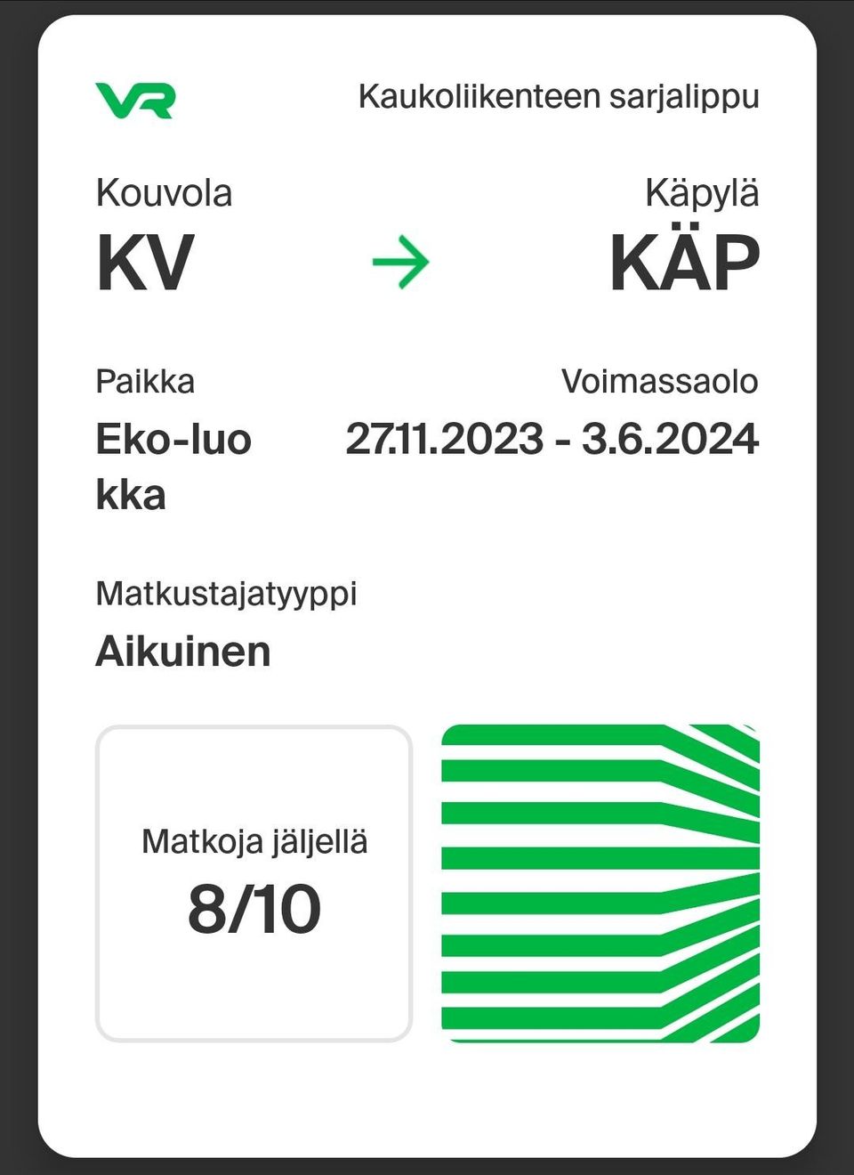VR sarjalippu Kouvola-Käpylä (Tikkurila/Pasila)