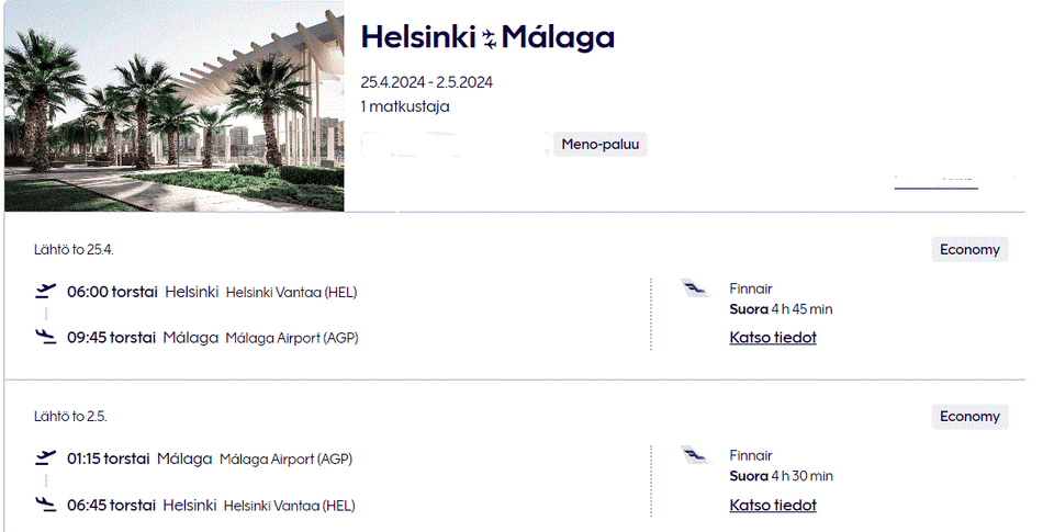 FINNAIR m/p lentolippu Helsinki-Malaga-Helsinki 25.4-2.5.2024 sis matkatavarat