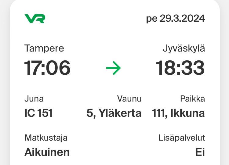 Junalippu Tampere Jyväskylä 29.3.2024