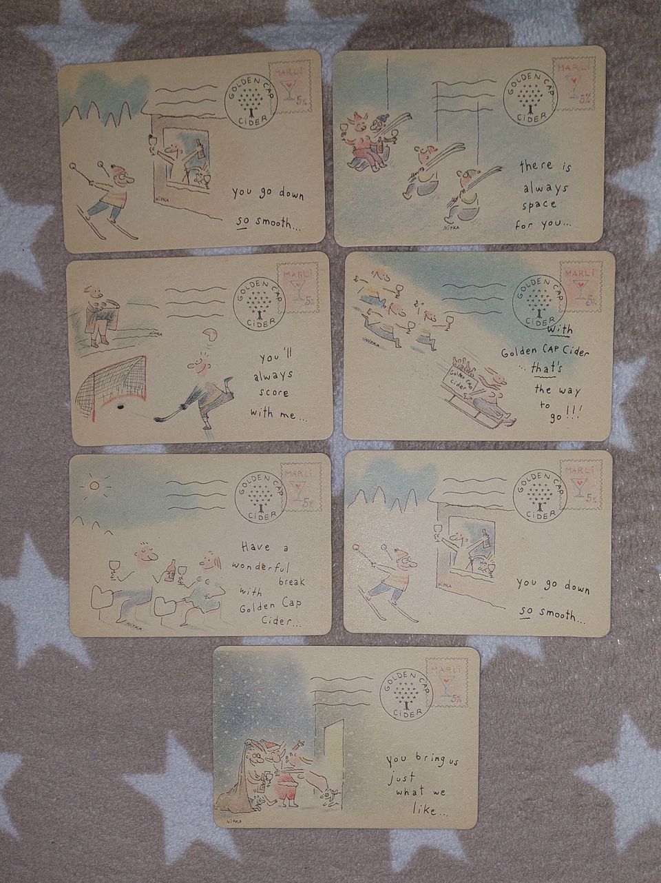 Louis Nitkan piirroksia postikorteissa / lasinalusissa