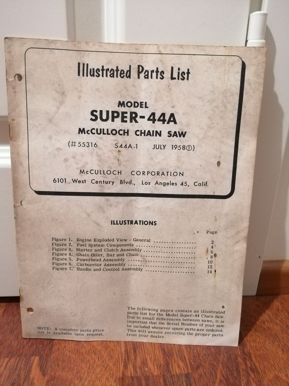 Illustrated parts list model super - 44 A McCulloch chain saw July 1958