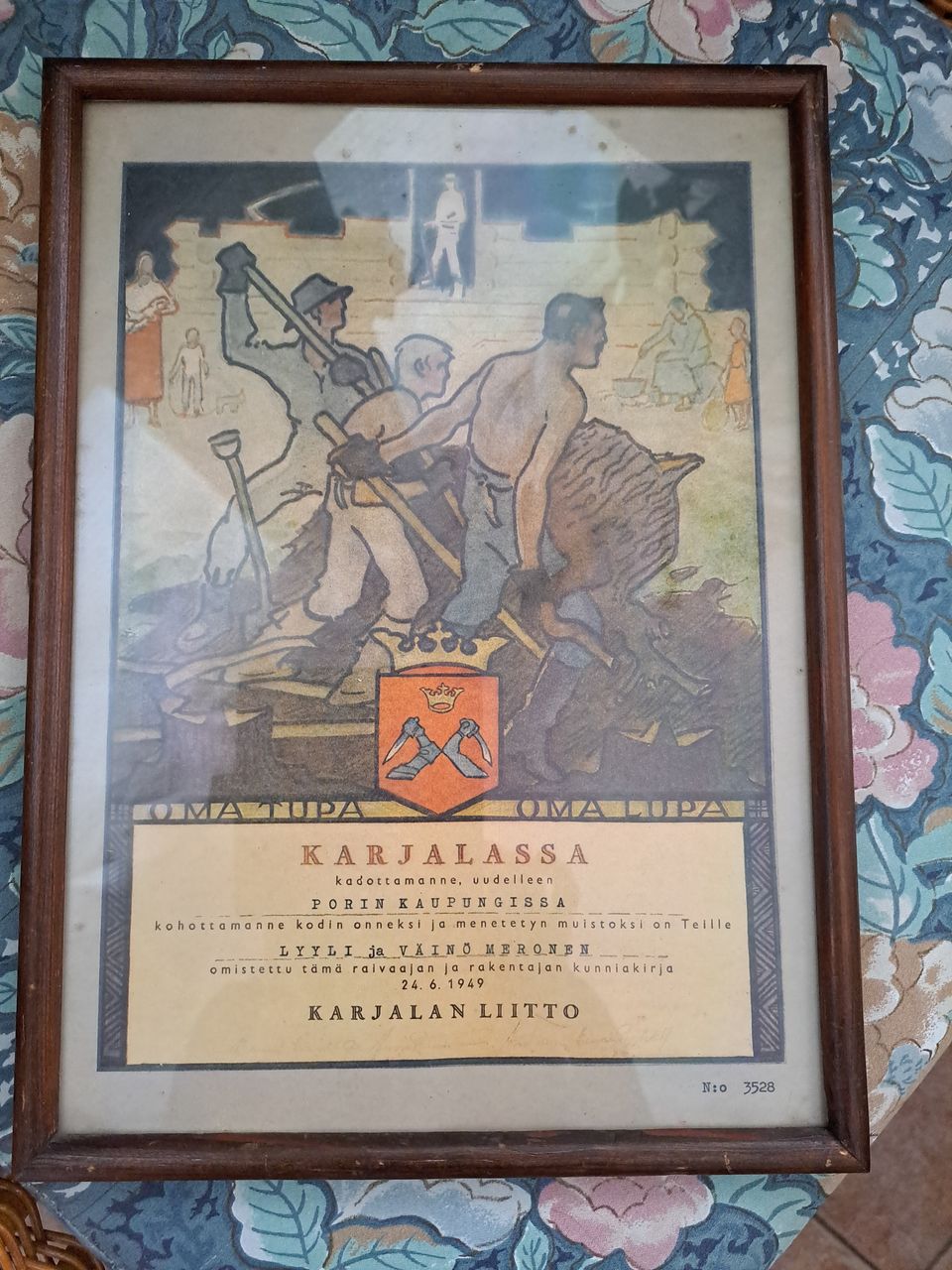 Karjalan liiton oma tupa oma lupa-taulu vuodelta 1949