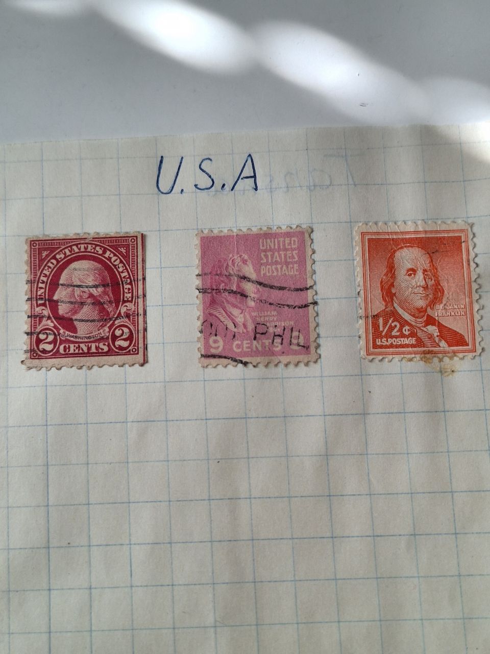 George Washington 2 c; William Henry Harrison 9 c; Benjamin Franklin 1/2 c