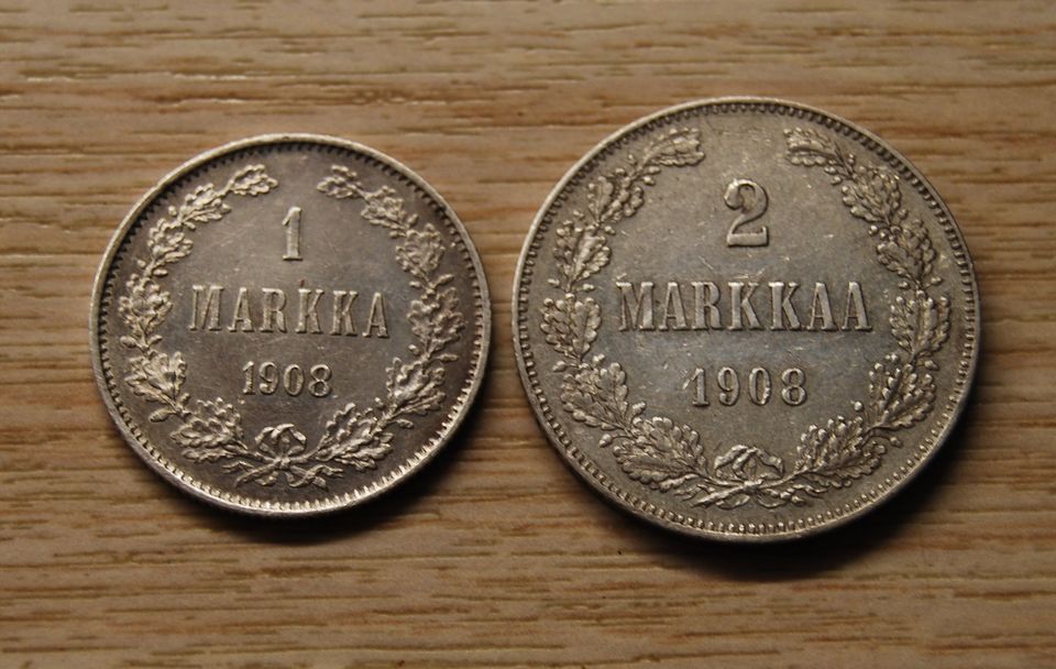 1 ja 2 Markka 1908 Hopeaa, Suomi