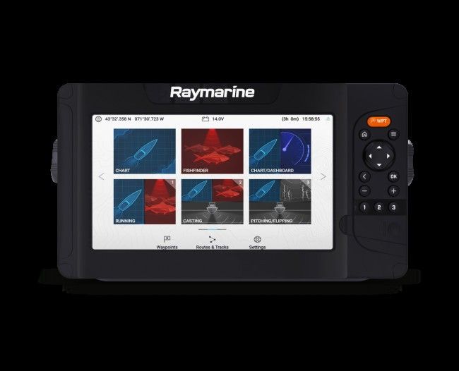 Raymarine Element 9 HV ja HV-100.02 peräpelianturi ja lightgouse kartta