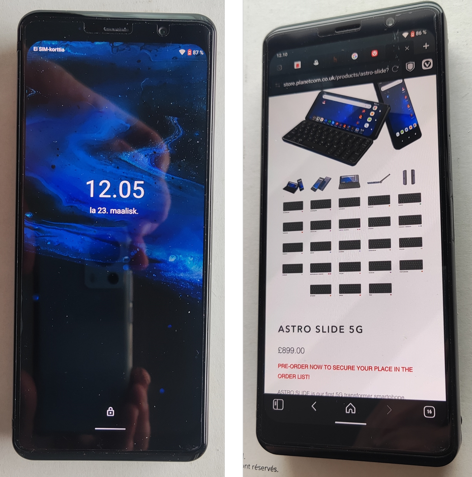 Astro Slide , 5G Android puhelin mekaanisella, Suomenkielisellä näppäimistöllä