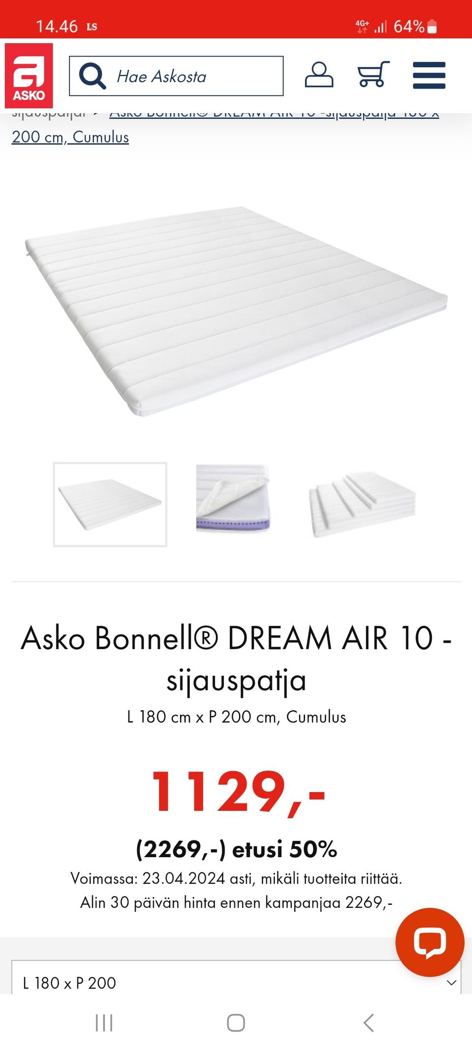 Sijauspatja 180 x 200 Dream Air cumulus