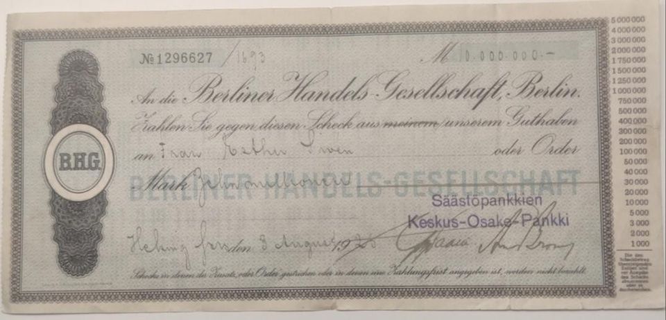 Saksa 10m markkaa pankkivekseli 1923