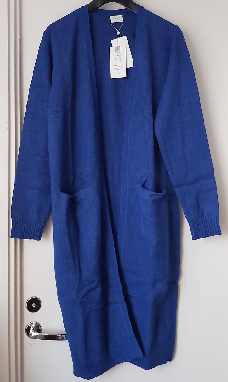 Vila pitkä neuletakki XL 42 sininen taskut