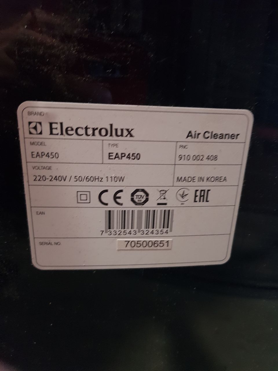Electrolux ilmanpuhdistin + suodatin
