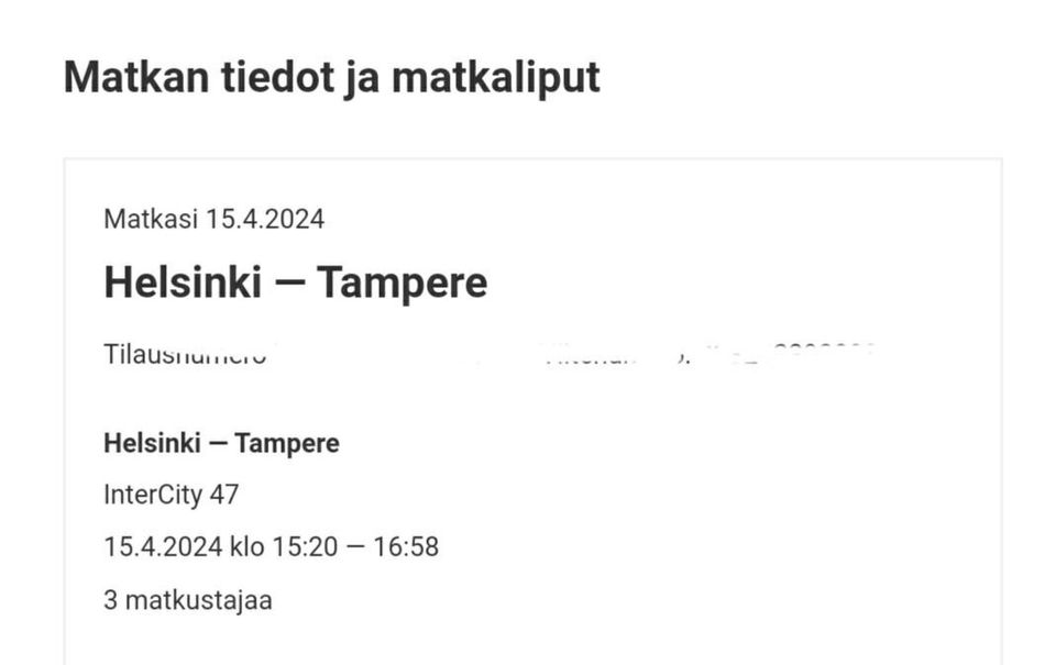 Junalippu Helsinki - Tampere ma 15.04.