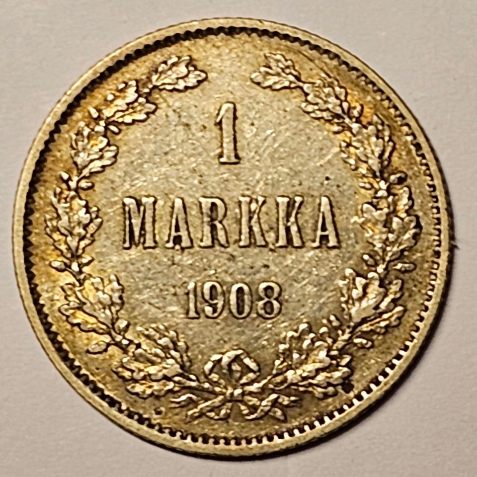 1 markan kolikko vuodelta 1908