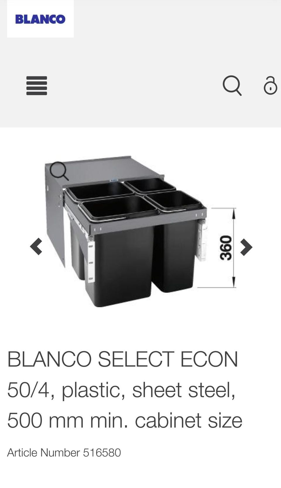 Blanco Select Econ 4/50 jätejärjestelmä 50 cm leveään allaskaappiin 4 astialla