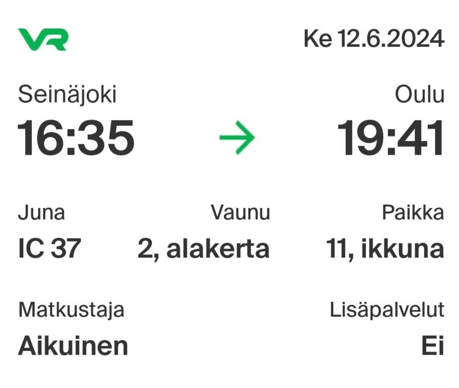 Seinäjoki-Oulu 12.6 ja Oulu-Seinäjoki 8.5 ja 14.6