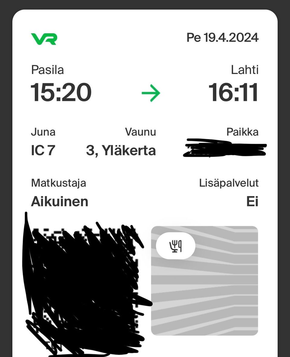 VR junalippu Pasila-Lahti 19.4.2024 kello 15:20