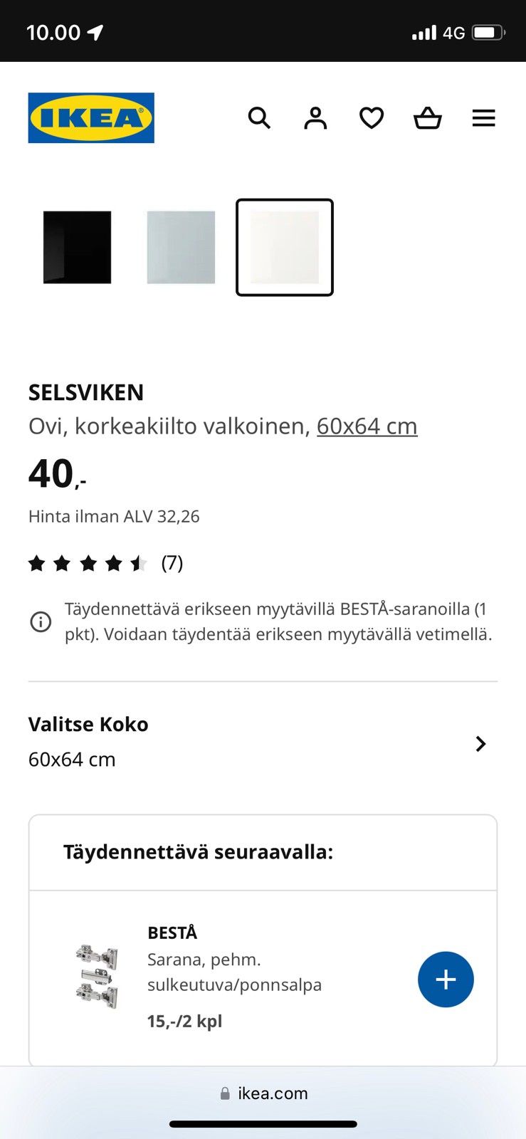 Ikea Bestå ovia 4 kpl korkeakiilto valkoinen Selsviken 60x64 cm